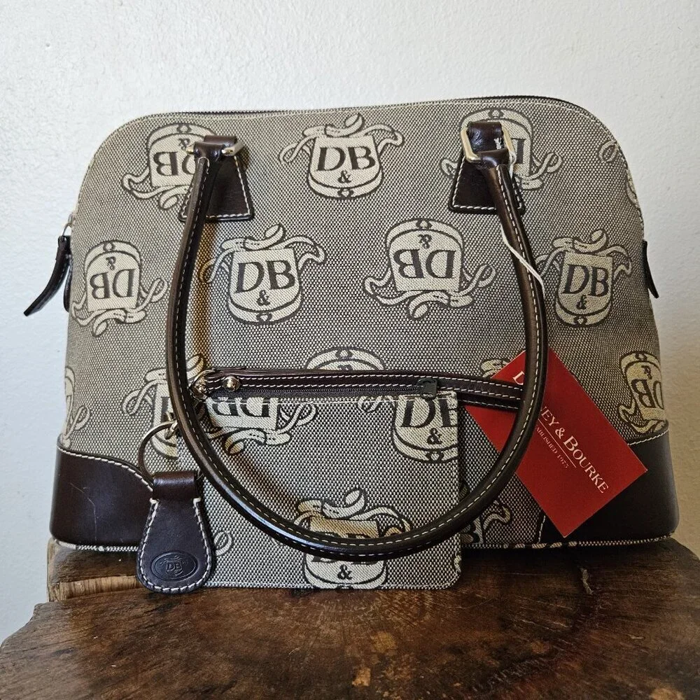 Dooney & Bourke DB Monogram Satchel + Wristlet Set NWT Gray Canvas Leather